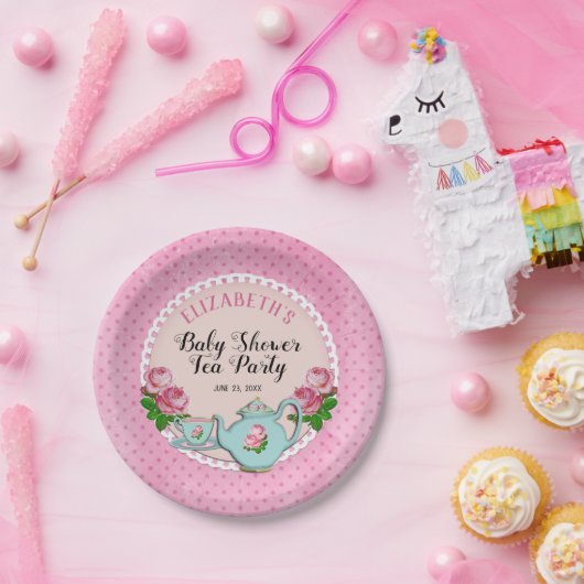 ピンクイングリッシュコテージスタイルベビーティーパーティーシャワー ペーパープレート (パーティー)