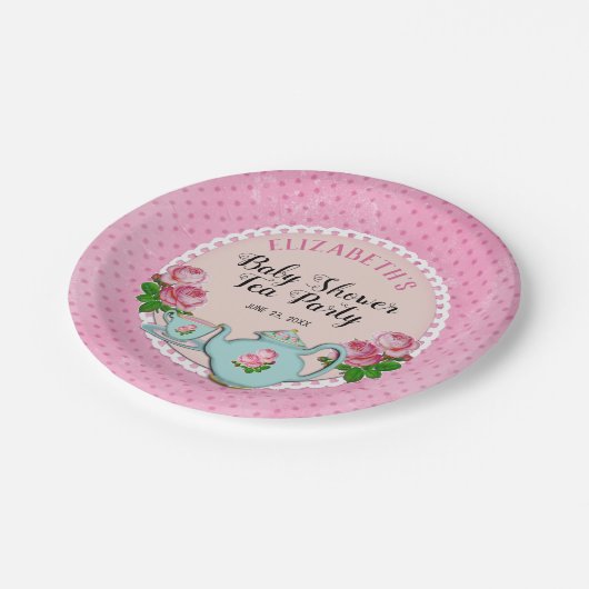 ピンクイングリッシュコテージスタイルベビーティーパーティーシャワー ペーパープレート (アングル)