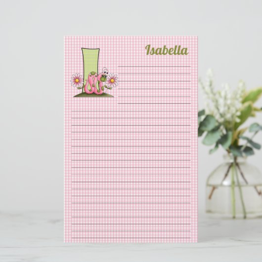 ピンクインチワームMongram Letter I横置き文房具 便箋 (スタンド正面)