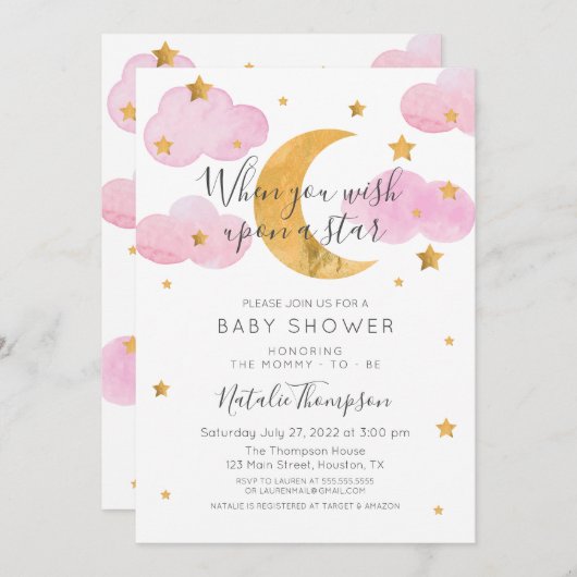 ピンクインヴィタシオンルナイラスエストレラスベビーシャワー 招待状 (正面/裏面)