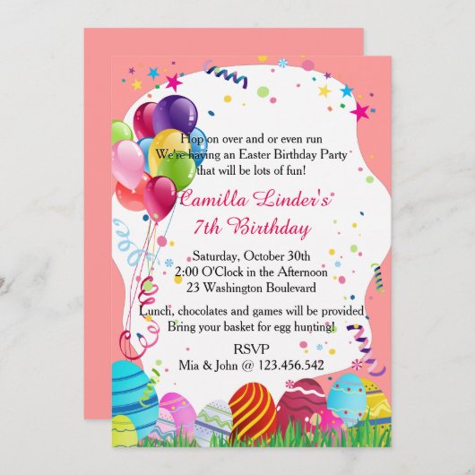 ピンクイースター日曜誕生会の招待状 招待状 (正面/裏面)