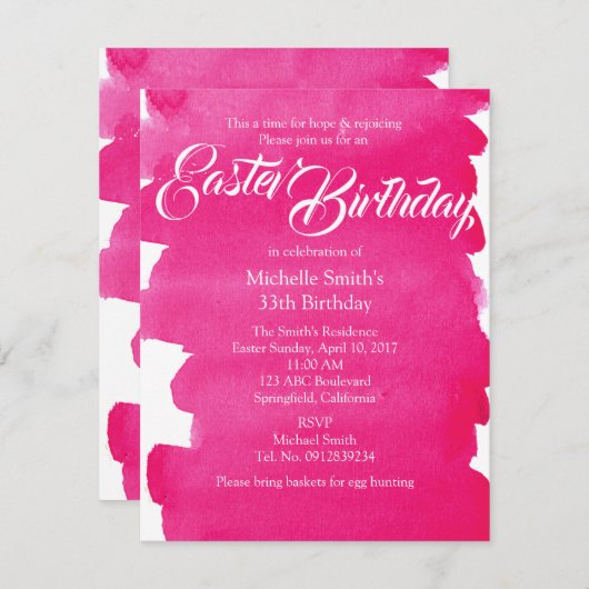 ピンクイースター誕生日 招待状 (正面/裏面)