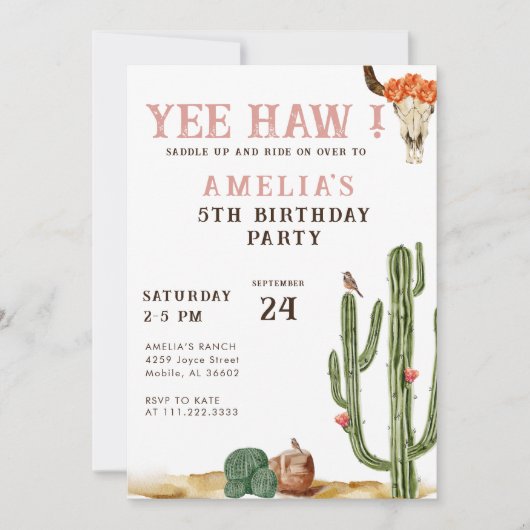 ピンクイーハウウェスタンロデオ女性のカーボーイ誕生日 招待状 (正面)