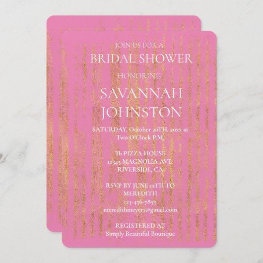 ピンクウィズグラム金ゴールドシックストライプブライダルシャワー 招待状 (正面/裏面)