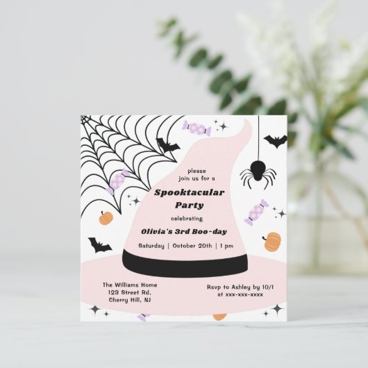 ピンクウィッチハットハロウィン任意の年誕生日 招待状 (スタンド正面)