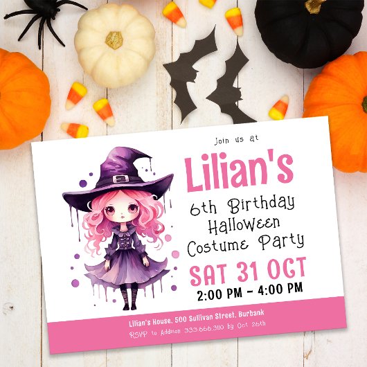ピンクウィッチハロウィーン衣装パーティー誕生日 招待状