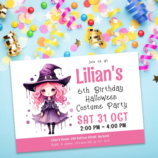 ピンクウィッチハロウィーン衣装パーティー誕生日 招待状