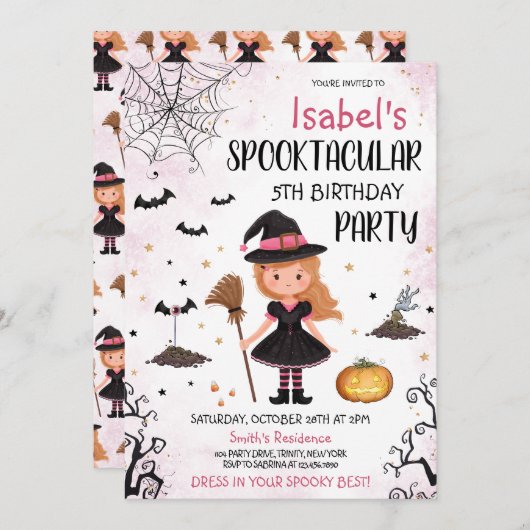 ピンクウィッチハロウィーン誕生日 招待状 (正面/裏面)