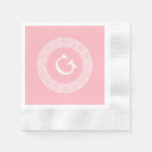 ピンクウィットギリシャ鍵ランドフレームイニシャルモノグラム 縁ありカクテルナプキン (正面)