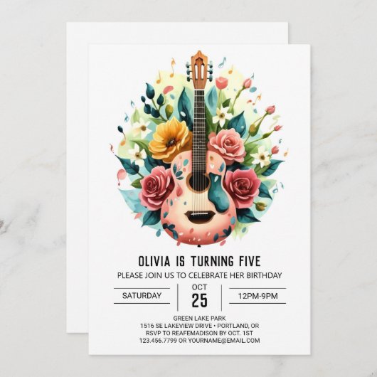 ピンクウィムシーギター誕生日 招待状 (正面/裏面)