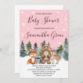 ピンクウィンターウッドランドベビーシャワー招待状 招待状 (正面/裏面)
