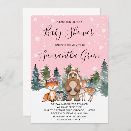 ピンクウィンターウッドランドベビーシャワー招待状 招待状 (正面/裏面)