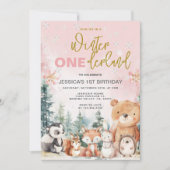 ピンクウィンターオネダーランドウッドランド1回目の誕生日 招待状 (正面)