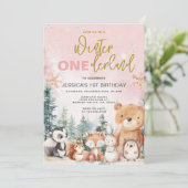 ピンクウィンターオネダーランドウッドランド1回目の誕生日 招待状 (スタンド正面)