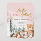 ピンクウィンターオネダーランドウッドランド1回目の誕生日 招待状 (正面/裏面)