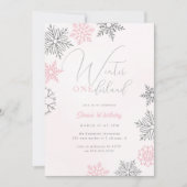 ピンクウィンターオネダーランドシルバーグリッター1st Birthday 招待状 (正面)