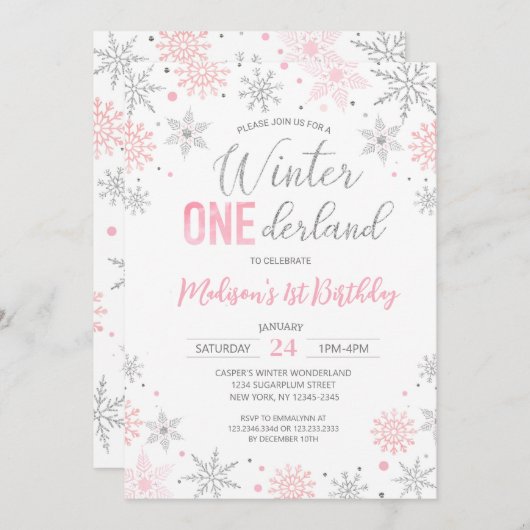 ピンクウィンターオネダーランドスノーフレークスファースト誕生日 招待状 (正面/裏面)