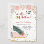 ピンクウィンターオネダーランドスリー誕生日の招待状 招待状 (正面)