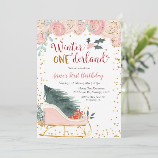 ピンクウィンターオネダーランドスリー誕生日の招待状 招待状 (スタンド正面)