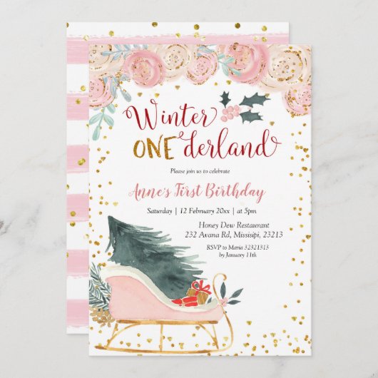 ピンクウィンターオネダーランドスリー誕生日の招待状 招待状 (正面/裏面)