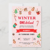 ピンクウィンターオネダーランドファースト誕生日 招待状 (正面)