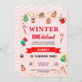 ピンクウィンターオネダーランドファースト誕生日 招待状 (正面/裏面)