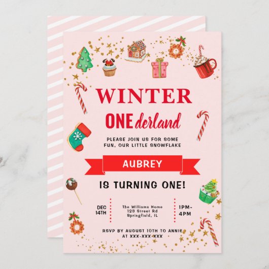 ピンクウィンターオネダーランドファースト誕生日 招待状 (正面/裏面)