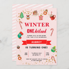 ピンクウィンターオネダーランドファースト誕生日 招待状