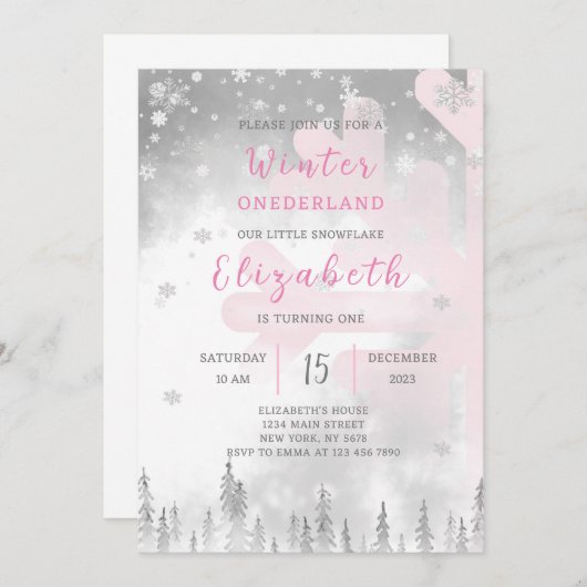 ピンクウィンターオネダーランド誕生日招待状 招待状 (正面/裏面)