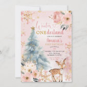 ピンクウィンターオンダーランドフローラフォレストディア誕生日 招待状 (正面)