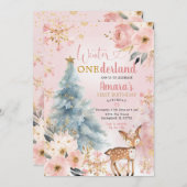 ピンクウィンターオンダーランドフローラフォレストディア誕生日 招待状 (正面/裏面)