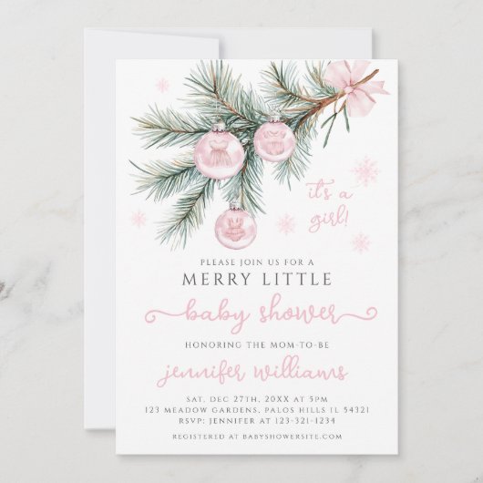 ピンクウィンターオーナメントオンパインモアベビーガールシャワー 招待状 (正面)