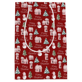 ピンクウィンターコテージパインツリーズホリデークリスマス ミディアムペーパーバッグ