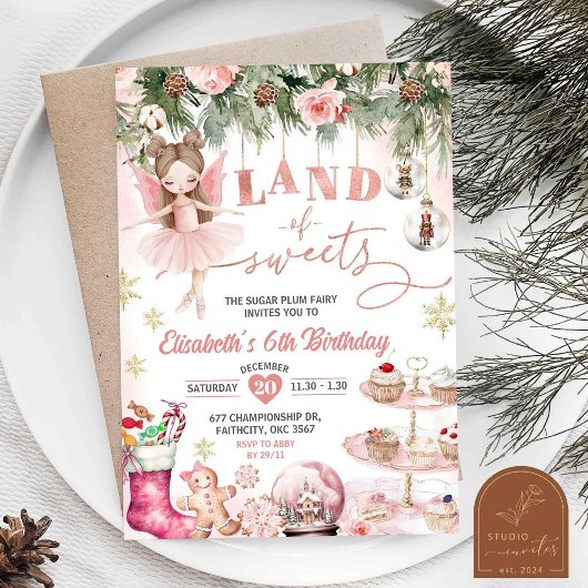 ピンクウィンタースイーツツチュバレリーナ誕生日ガール 招待状