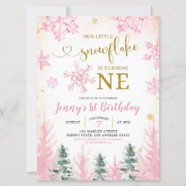 ピンクウィンタースノーフレークファースト誕生日招待状 招待状