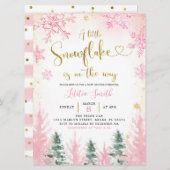 ピンクウィンタースノーフレークベビーシャワー招待状 招待状 (正面/裏面)