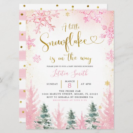 ピンクウィンタースノーフレークベビーシャワー招待状 招待状 (正面/裏面)