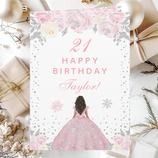 ピンクウィンターダークスキンプリンセス誕生日パーティー カード