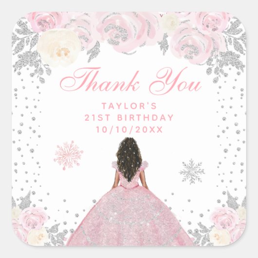 ピンクウィンターダークスキンプリンセス誕生日パーティー スクエアシール (正面)