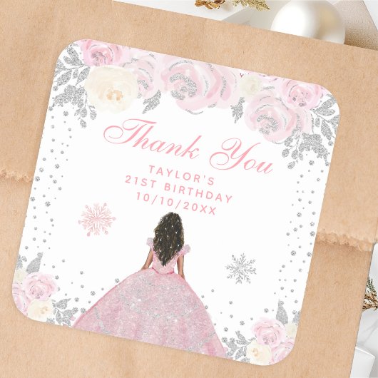 ピンクウィンターダークスキンプリンセス誕生日パーティー スクエアシール