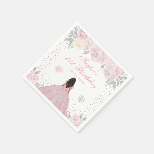 ピンクウィンターダークスキンプリンセス誕生日パーティー スタンダードカクテルナプキン (角)