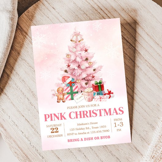 ピンクウィンターツリークリスマスパーティー 招待状