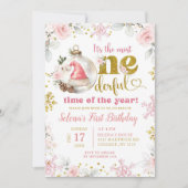 ピンクウィンターフローラファーストオンダーフル誕生日ガール 招待状 (正面)