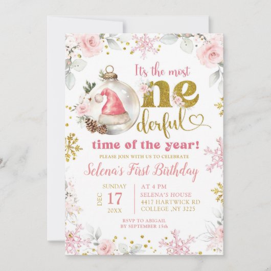 ピンクウィンターフローラファーストオンダーフル誕生日ガール 招待状 (正面)