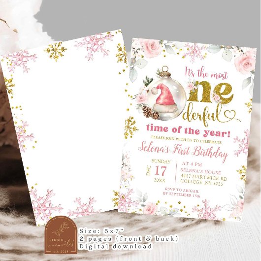 ピンクウィンターフローラファーストオンダーフル誕生日ガール 招待状