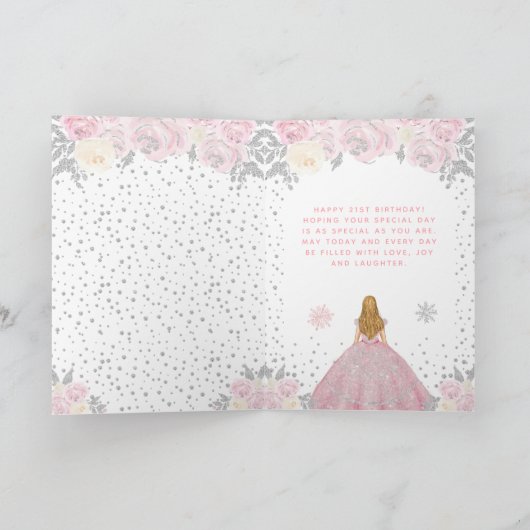 ピンクウィンターブロンドヘアプリンセス誕生日パーティー カード (内部)
