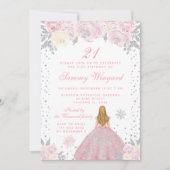 ピンクウィンターブロンドヘアプリンセス誕生日パーティー 招待状 (正面)