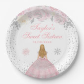 ピンクウィンターブロンドヘアプリンセスSweet sixteen ペーパープレート (正面)