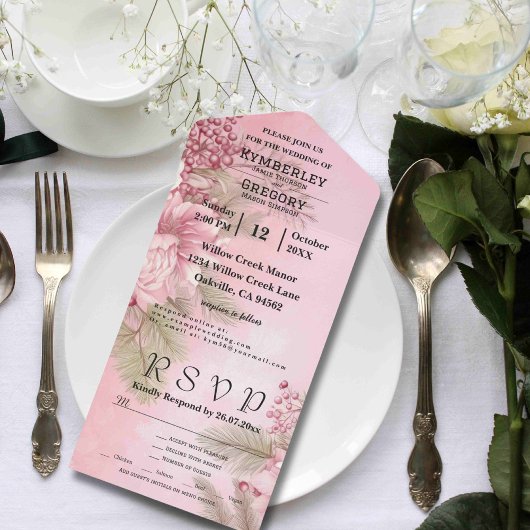 ピンクウィンターベリーフローラクリスマスイムリスト オールインワン招待状