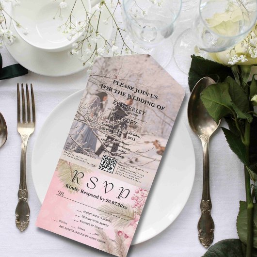 ピンクウィンターベリーフローラクリスマスフォトQRコード オールインワン招待状